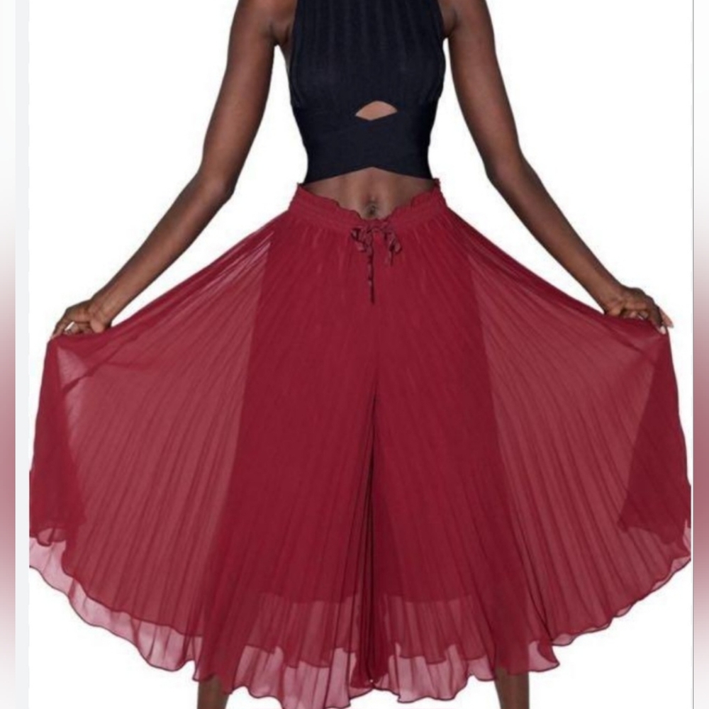 ZARA maroon pleated Palazzo Culotte wide pant trousers - Picture 3 of 5